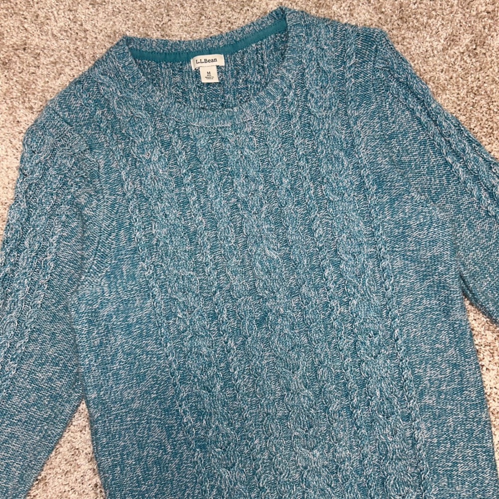 L.L.‎ Bean Cable Knit Crewneck Sweater Women Size Medium Cotton Blue Fisherman